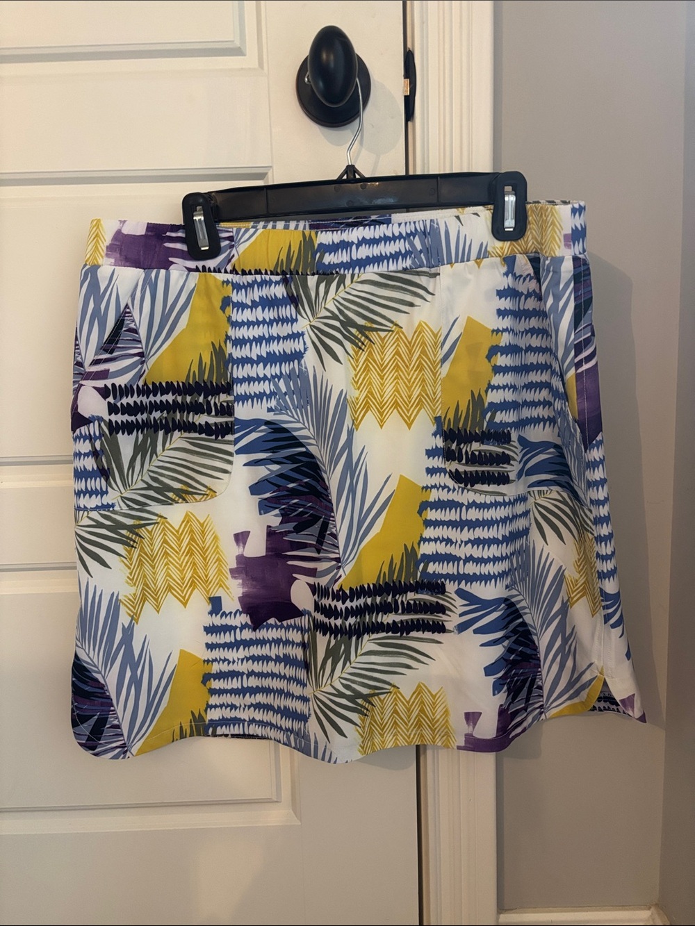 White Tropical Print A-Line Skirt with Yellow, Blue & Purple Accents